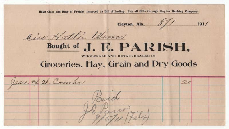 1906-15 Billhead,  J. E. PARISH, Groceries, Hay,  Grain, Clayton, Alabama