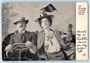 c1905 Couple Riding Car With Flag You Can Go As Far As You Like With Me Postcard