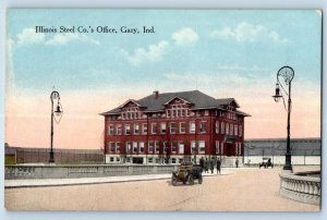 Gary Indiana Postcard Illinois Steel Co Office Building Classic Car 1910 Vintage