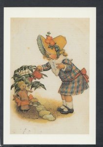 Children Postcard - Illustration of a Girl Watering a Doll RR7247