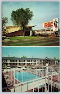 Roadside View~Denver Colorado~Ramada Inn~Sign~Cars~Pool Scene~1950s Postcard