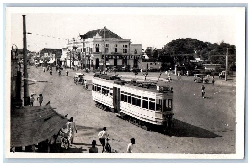 Java Indonesia Postcard Spirin-Tabletten Building Trolley Car c1940's RPPC Photo