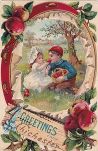 Greetings From Chichester New York Boy & Girl Eating Apples Tambourine Border...