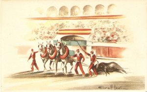 Bullfighting. Arrastre del Toro  Old vintage Spanish, artist drawn,  post