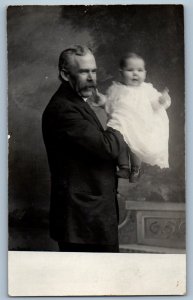 c1910's Grandfather And Cute Baby Girl Studio RPPC Photo Posted Antique Postcard