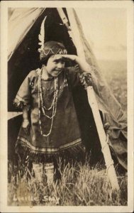 Native Americana Indian Cute Little Girl Teepee c1920 Real Photo Postcard