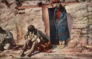 Oraibi AZ Hopi Mocassin Makers Native Indians c1910 Postcard Santa Fe Railway