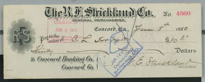 1910 R.F. Strickland Co. General Merchandise Concord Ga Check $30 A49