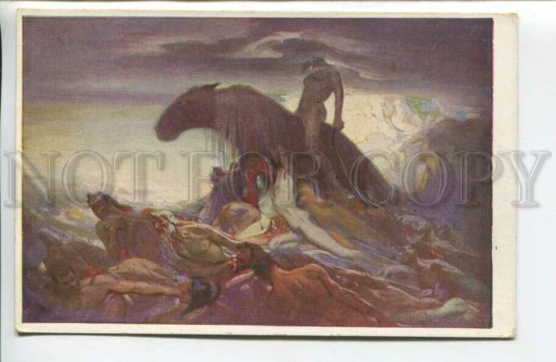 439521 Ludwig Fahrenkrog Fate Nude men HORSE Vintage postcard