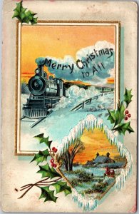 Postcard Merry Christmas to All Train winter scene embossed