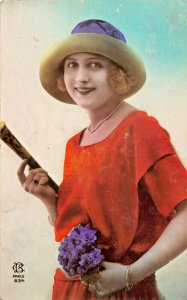 BEAUTIFUL YOUNG WOMAN~STYLISH HAT & ORANGE DRESS-1925 FRENCH PHOTO POSTCARD