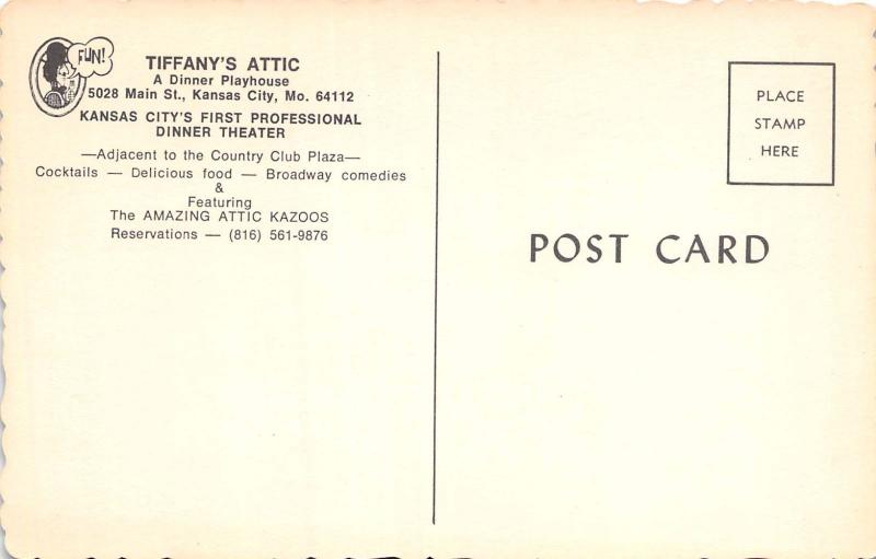 KANSAS CITY MO TIFFANY'S ATTIC DINNER PLAYHOUSE~ATTIC KAZOOS POSTCARD 1960s