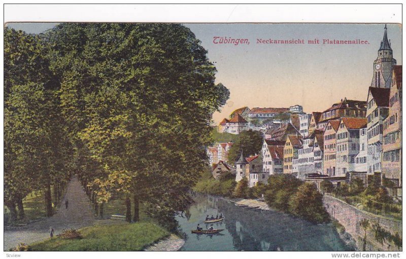 Boats, Neckaransicht Mit Platanenallee, Tubingen (Baden-Wurttemberg), Germany...