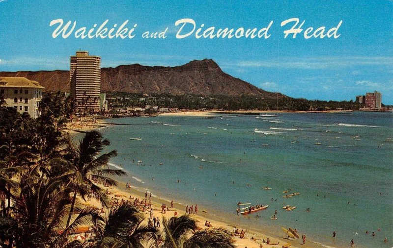 Waikiki Beach & Diamond Head, Hawaii Beach, Hotel 1964 Vintage Postcard