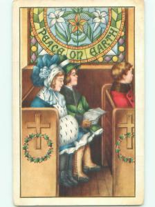 Pre-Linen Fashion GIRLS IN SUNDAY BEST SITTING IN CHURCH PEW AC1429