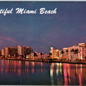 c1960s Miami, FL Night Beach View Hotel Lights Downtown Neon Chrome PC Vtg A318