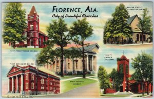 c1940s Florence AL City of Beautiful Churches Multi-View Linen Christian PC A203