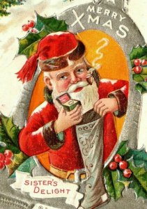 Vintage 1910's Christmas Postcard Santa Smoking Pipe Xmas Stocking Silver Bell