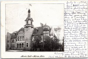 VINTAGE POSTCARD THE MUSIC HALL AT AKRON OHIO MAILED 1905 W/ RARE LOCAL LABEL