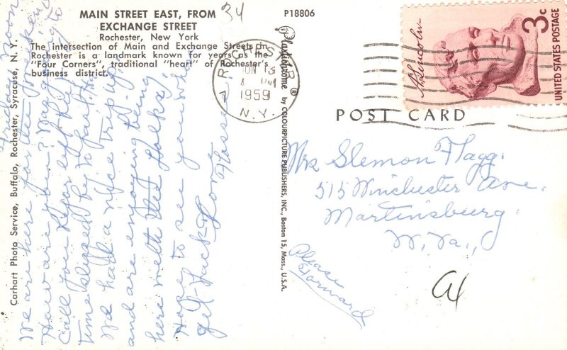 Vintage Postcard 1959 Main Street East From Exchange Street Rochester New York