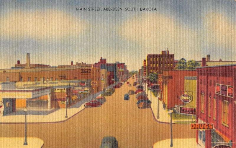 Aberdeen South Dakota Main Street Scene Linen Antique Postcard K24381