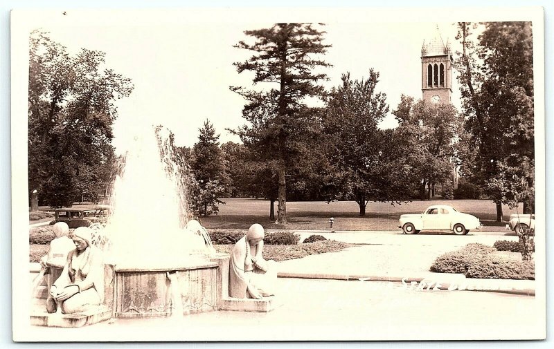 VTG Postcard RPPC Real Photo Iowa State College Ames IA Fountain Indian Car A5