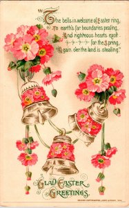 Vintage John Winsch Pink Daisies, Flowers, Church Bells, Antique Easter Postcard
