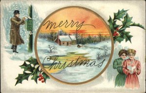 Christmas Romance Man Mailing Letter Pretty Lady Reading c1910 Postcard