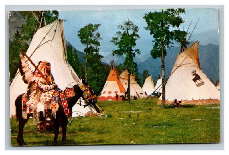 Vintage 1950's Postcard American Indian in Ceremonial Dress on Horse Teepees