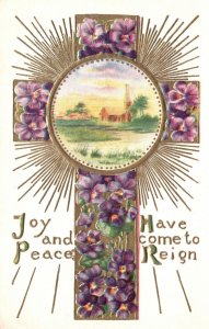 Vintage Postcard Joy And Peace Have Come To Reign Landscape Crucifix Petals Wish