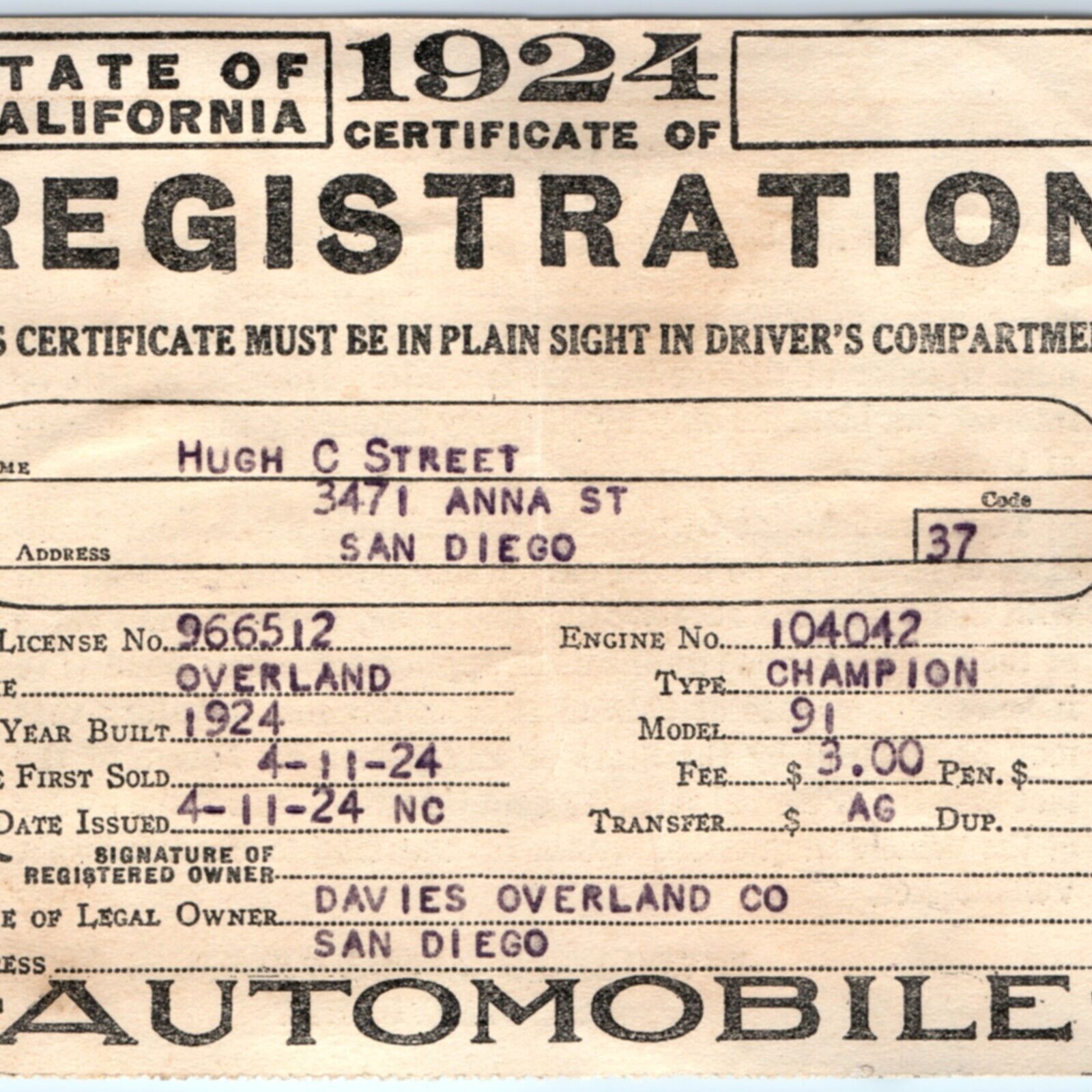 1924 California Certificate of Car Registration Card Automobile