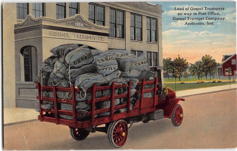 Postcard Load of Gospel Trumpets on way to Post Office Anderson, Indiana~108116