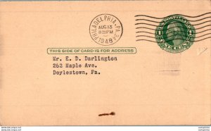 US Postal stationery 1c Philadelphia 1948 to Doylestown Niessen Company