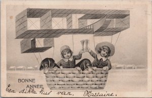 Happy New Year Children With Dogs Fantasy Plane Vintage Postcard C168
