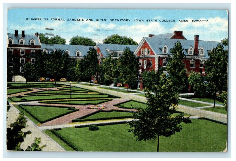 1947 Formal Gardens and Girls Dormitory Iowa State College Ames IA Postcard