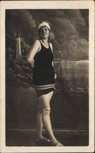 Bathing Beauty Woman in Studio Lighthouse Backdrop Real Photo Postcard c1920