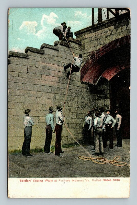 Monroe VA US Army Soldiers Scaling Fortress Wall, Rope Vintage Virginia Postcard