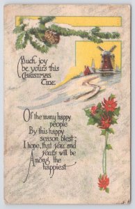 Christmas~Much Joy Be Yours~Windmill In Snow~Poinsettias~Art Deco~Vintage PC
