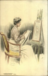 Woman Drawing at Easel Artist Henry Tenre TUCK Crayon Series c1910 Postcard