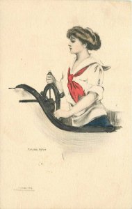 Artist impression Pretty Lady Marjorie McMain Boat Steering 1907 Postcard 14113