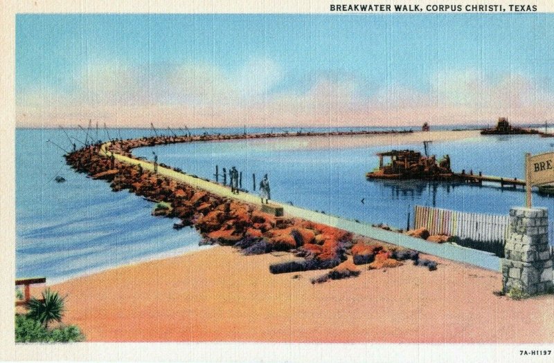 Vintage 1930's Breakwater Walk North Beach Bay Corpus Christi Texas TX Postcard
