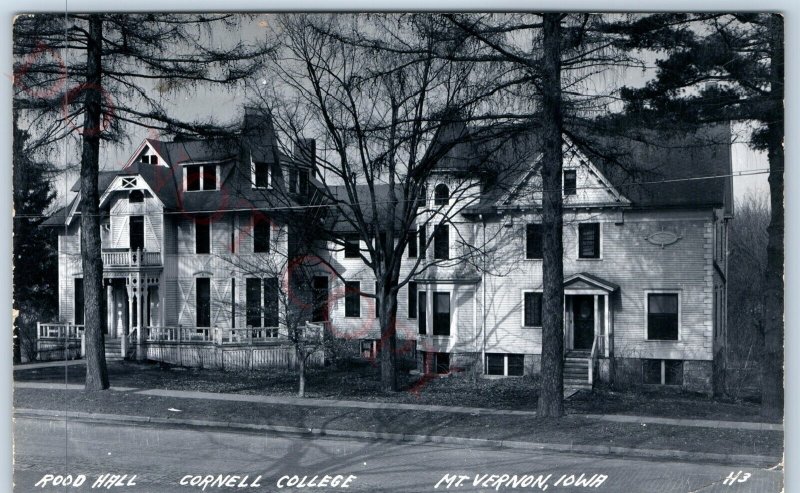 c1950s Mt. Vernon, IA RPPC Cornell College Rood Hall Large House Frat Dorm? A108