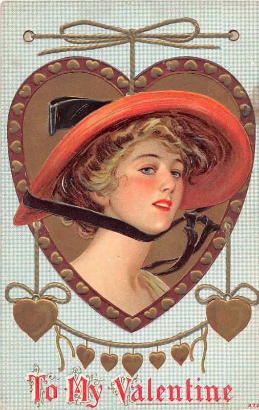 E5/ Valentine's Day Love Holiday Postcard c1910 Woman Large Hat Gold 1