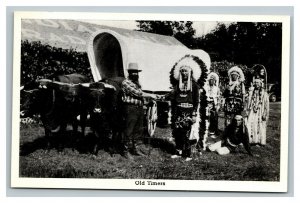 Vintage 1930's Photo Postcard Native American Chief with Farmer Covered Wagon