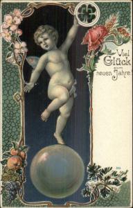 Beauitful Art Nouveau German NEW YEAR Cherub on Bubble c1900 Postcard LS19