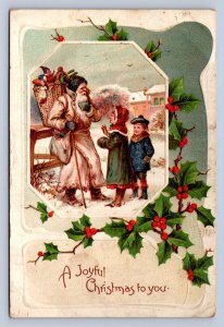 J87/ Santa Claus Christmas Postcard c1910 White Suit Children Toy Basket 251