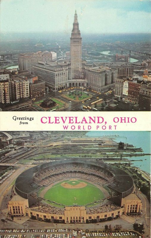 Cleveland Ohio 1960s Postcard World Port Downtown & Baseball Stadium  