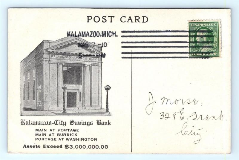 Postcard MI Kalamazoo City Savings Bank 1910 Calendar March Dimes Saved B37