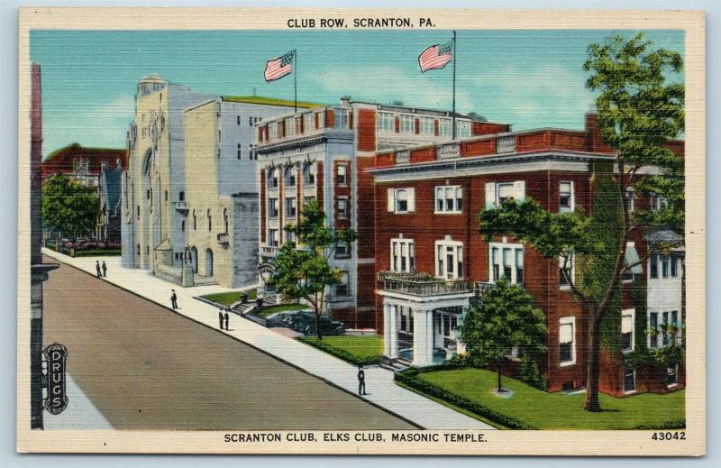 Postcard PA Scranton Club Row Elks Club Masonic Temple Scranton Club Linen J20