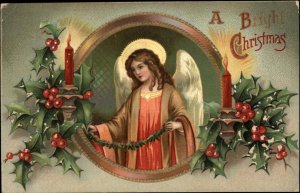 Christmas Angel Holly Candles Gilt Embossed c1900s-20s Postcard